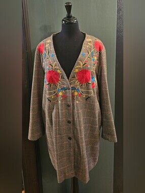 Summer Of Love Embroidered Brown Houndstooth V-Neck  Coat